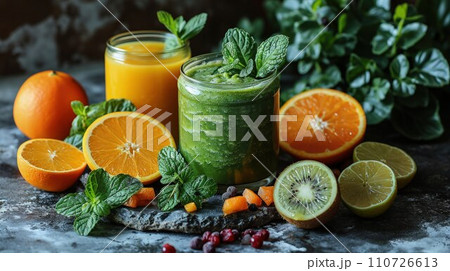 Energizing Elixir: Start Your Day Right with a Top-Down Shot of a Green Smoothie, Featuring Sliced Fruits and a Detailed Composition Energizing Elixir: Start Your Day Right with a Top-Down Shot of a Green Smoothie, Featuring Sliced Fruits and a Detailed Composition 110726613
