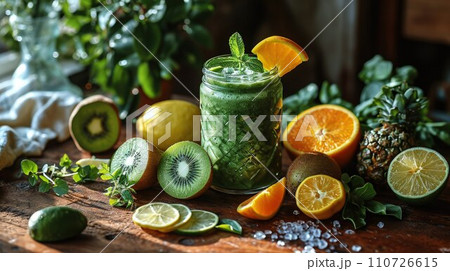 Detox Delight: Embrace the Detailed Beauty of a Green Smoothie, Illuminated by Morning Sunlight, Enriched with Sliced Fruits Detox Delight: Embrace the Detailed Beauty of a Green Smoothie, Illuminated by Morning Sunlight, Enriched with Sliced Fruits 110726615