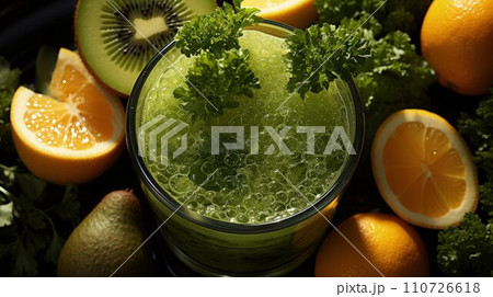 Healthy Glow: A Detailed Composition of a Green Smoothie, Showered in Morning Sunlight, Surrounded by Sliced Fruits for Nutritional Delight Healthy Glow: A Detailed Composition of a Green Smoothie, Showered in Morning Sunlight, Surrounded by Sliced Fruits for Nutritional Delight 110726618