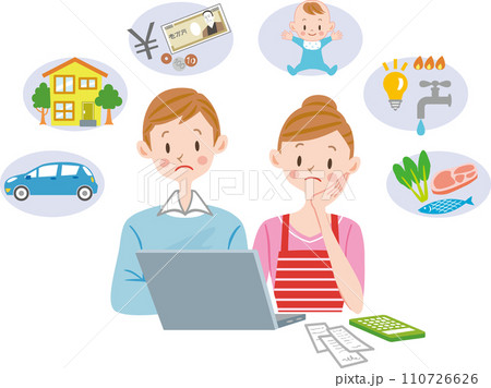 家計が苦しい　家計簿をつける夫婦 110726626