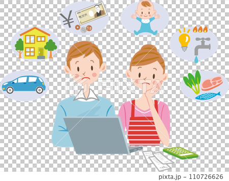 家計が苦しい　家計簿をつける夫婦 110726626