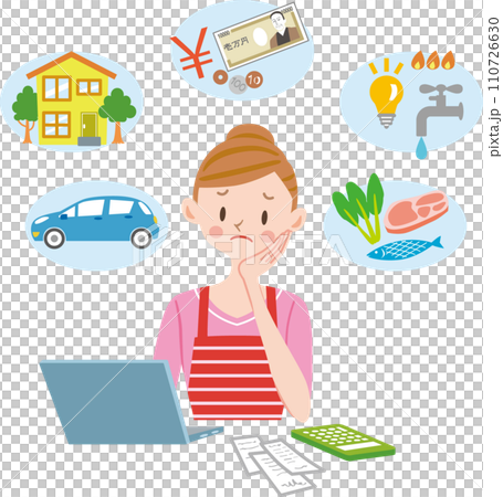 A housewife who keeps a household account book in the red and has trouble with expenses. 110726630