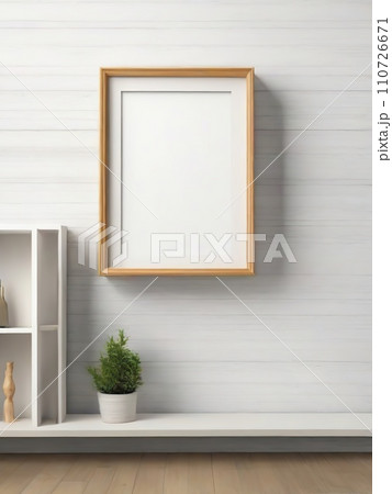 Blank picture frame on bookshelf in modern room. Blank picture frame on bookshelf in modern room. 110726671