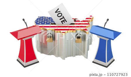 USA debate, concept with ballot box and tribunes. 3D rendering USA debate, concept with ballot box and tribunes. 3D rendering 110727923