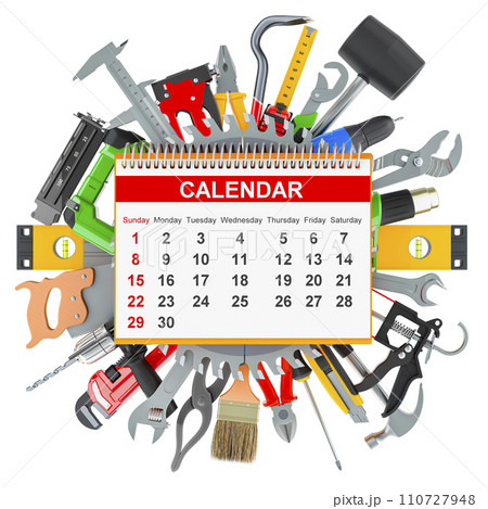 Set of Construction Tools with desk calendar. Planning of Maintenance and Repair Work concept, 3D rendering 110727948