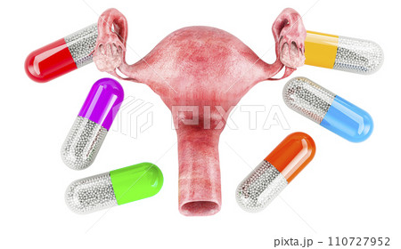 Uterus with medicine capsules around. Treatment of uterus concept, 3D rendering 110727952