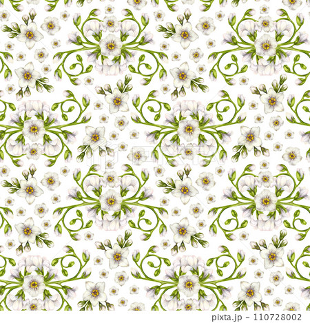 Beautiful watercolor seamless pattern of white forget-me-not flowers for Easter, wedding, Mother's, Valentine's Day, birthday, spring and summer fabrics, clipart, stickers, wallpapers, templates 110728002