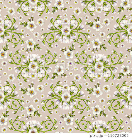 Beautiful watercolor seamless pattern of white forget-me-not flowers for Easter, wedding, Mother's, Valentine's Day, birthday, spring and summer fabrics, clipart, stickers, wallpapers, templates 110728003