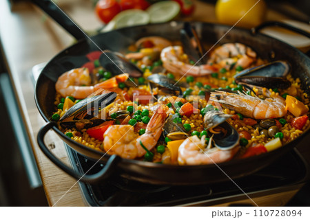 Traditional spanish seafood paella with rice, mussels, shrimps in a pan. Generative AI 110728094