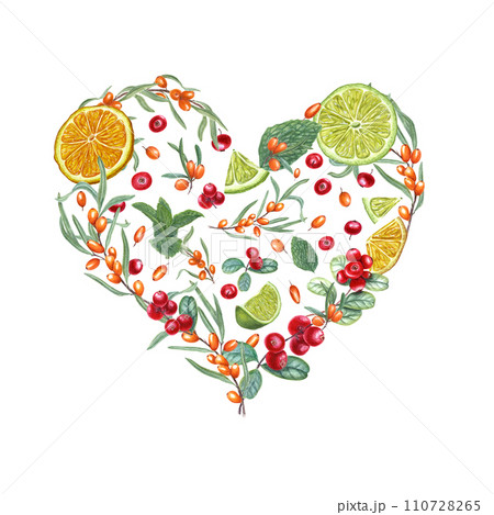 Fresh juicy fruit, berries laid out in the shape of heart. Orange, lime slices, cowberries, sea buckthorn and mint. Top view. Watercolor illustration for invitation, cards, greetings, package design Fresh juicy fruit, berries laid out in the shape of heart. Orange, lime slices, cowberries, sea buckthorn and mint. Top view. Watercolor illustration for invitation, cards, greetings, package design 110728265