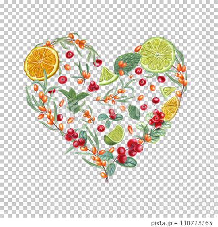 Fresh juicy fruit, berries laid out in the shape of heart. Orange, lime slices, cowberries, sea buckthorn and mint. Top view. Watercolor illustration for invitation, cards, greetings, package design Fresh juicy fruit, berries laid out in the shape of heart. Orange, lime slices, cowberries, sea buckthorn and mint. Top view. Watercolor illustration for invitation, cards, greetings, package design 110728265