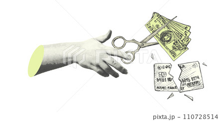 Collage with halftone-style hand statue . Minimalist finance-themed money crisis metaphor concept . Idea for banner composition with banknotes, and scissors. Cutouts magazine. Vector illustration Collage with halftone-style hand statue . Minimalist finance-themed money crisis metaphor concept . Idea for banner composition with banknotes, and scissors. Cutouts magazine. Vector illustration 110728514