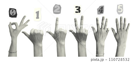 Set of halftone hands showing gestures counting from zero to five isolated on white background Trendy creative collage elements Cut magazine style. Contemporary art Modern design. Vector illustrations 110728532