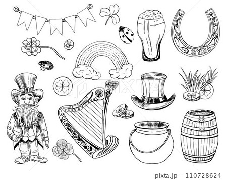 St. Patrick Hand Drawn Doodle Line Art Outline Set Containing Leprechaun, Gold coins, Top hat, Harp, Beard, Rainbow, Boots, Shamrock, Pot, Horseshoe, Clover, Treasure 110728624