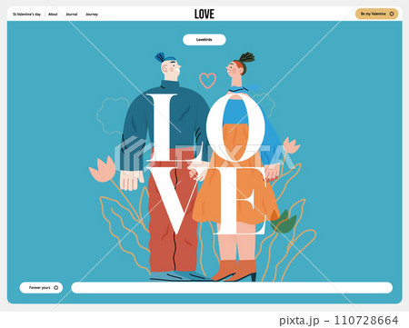 Valentine: Tender Moments -modern flat vector concept illustration of a couple in loving gaze, looking to each other holding hands. Metaphor of blossoming love, unity, affection, connection, growth 110728664