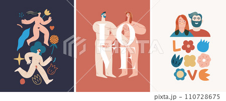 Valentines day cards set - modern flat vector concept illustrations of couples celebrating their love, greeting card design, floral environment. Metaphor of unity, affection, love, connection, growth 110728675