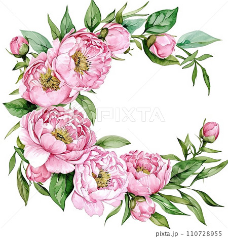 Pink peony flower with soft green leaves. Watercolor wreath 110728955