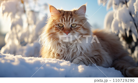 AI-generated content. Adorable ginger fluffy cat, sitting on snow, in beautiful winter landscape AI-generated content. Adorable ginger fluffy cat, sitting on snow, in beautiful winter landscape 110729290