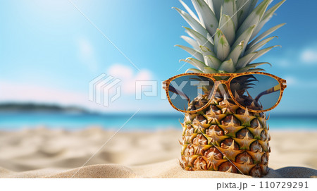 AI-generated content. Cute Pineapple With Sunglasses In The Beach 110729291