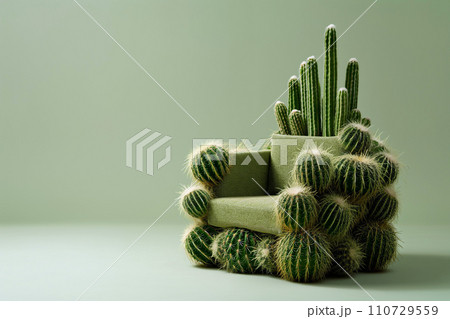 Armchair made of cactuses. Uncomfortable situation, hemorrhoids concept. You are not welcome. Cactus leather, sustainable vegan alternative to animal leather. Green eco living, cruelty-free Armchair made of cactuses. Uncomfortable situation, hemorrhoids concept. You are not welcome. Cactus leather, sustainable vegan alternative to animal leather. Green eco living, cruelty-free 110729559