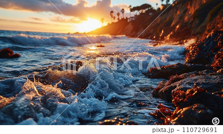 The waves of the sea at sunset awaken delight 110729691