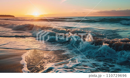 The foamy waves of the sea at sunset impress with their beauty 110729696