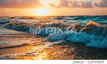 The foamy waves of the sea at sunset impress with their beauty 110729697