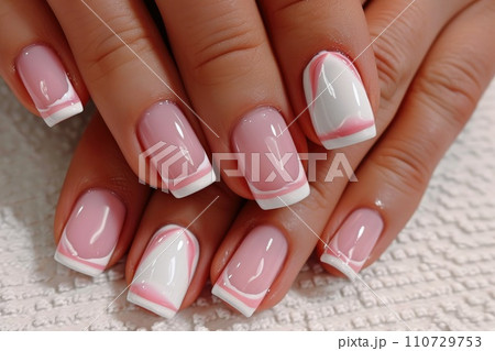 Close-up of delicate female manicure in pink tones 110729753