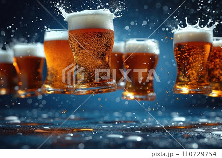 Magic glasses of beer floating on bright blue background 110729754