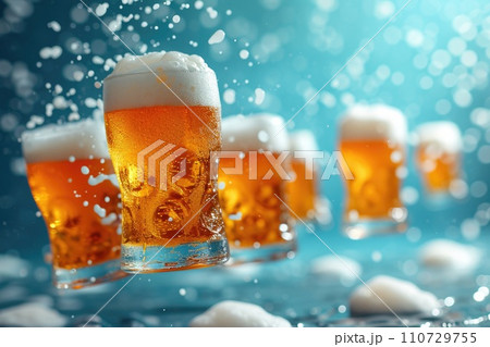 Magic glasses of beer floating on bright blue background 110729755