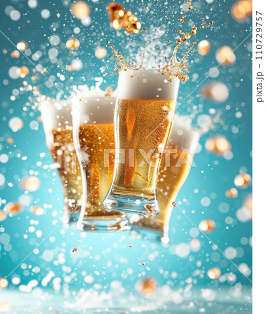 Magical glasses of beer float in the middle of a bright turquoise background, creating an atmosphere of fun Magical glasses of beer float in the middle of a bright turquoise background, creating an atmosphere of fun 110729757