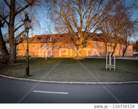 Winter frosty morning in old Prague 110730119