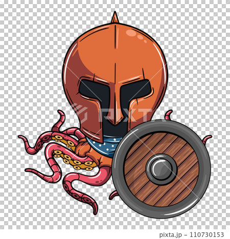 Cartoon character gladiator fighter octopus with protection shield. Illustration for fantasy, science fiction and adventure comics Cartoon character gladiator fighter octopus with protection shield. Illustration for fantasy, science fiction and adventure comics 110730153