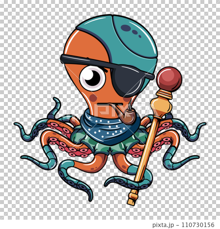 Cartoon comic character cyborg octopus with pirate patch smoking a pipe with a scepter. Illustration for fantasy, science fiction and adventure comics Cartoon comic character cyborg octopus with pirate patch smoking a pipe with a scepter. Illustration for fantasy, science fiction and adventure comics 110730156