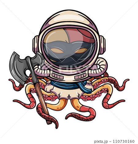 Cartoon character of octopus cyborg astronaut with cosmonaut helmet with war axe in his tentacle. Illustration for fantasy, science fiction and adventure comics Cartoon character of octopus cyborg astronaut with cosmonaut helmet with war axe in his tentacle. Illustration for fantasy, science fiction and adventure comics 110730160