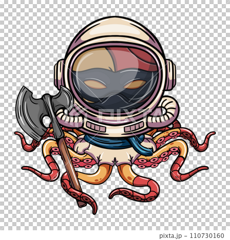 Cartoon character of octopus cyborg astronaut with cosmonaut helmet with war axe in his tentacle. Illustration for fantasy, science fiction and adventure comics Cartoon character of octopus cyborg astronaut with cosmonaut helmet with war axe in his tentacle. Illustration for fantasy, science fiction and adventure comics 110730160