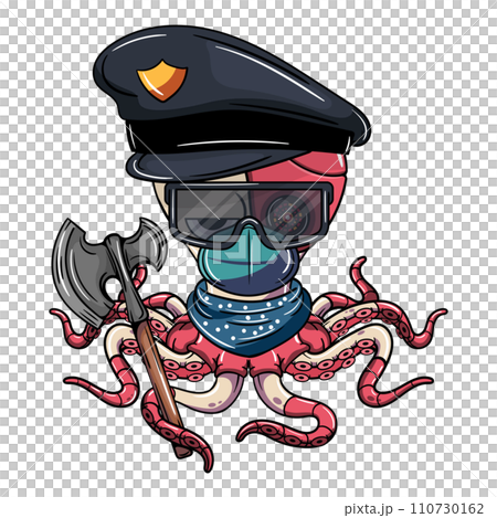Cartoon police cyborg octopus character with safety glasses, protection mask and a war axe. Illustration for fantasy, science fiction and adventure comics Cartoon police cyborg octopus character with safety glasses, protection mask and a war axe. Illustration for fantasy, science fiction and adventure comics 110730162