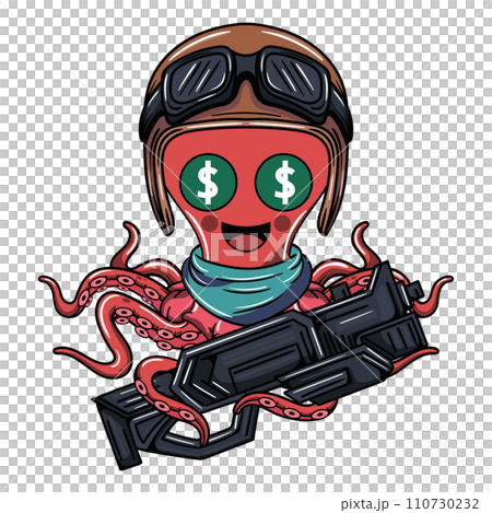 Cartoon mercenary pilot octopus character with aviator helmet. Illustration for fantasy, science fiction and adventure comics Cartoon mercenary pilot octopus character with aviator helmet. Illustration for fantasy, science fiction and adventure comics 110730232