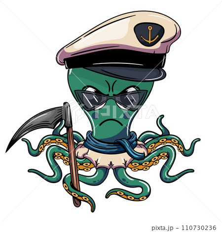 Cartoon character evil marine captain octopus with an ax in his tentacle. Illustration for fantasy, science fiction and adventure comics 110730236