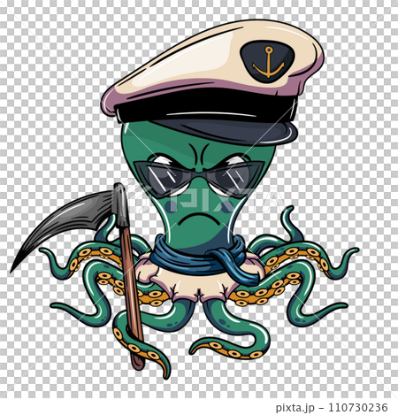 Cartoon character evil marine captain octopus with an ax in his tentacle. Illustration for fantasy, science fiction and adventure comics Cartoon character evil marine captain octopus with an ax in his tentacle. Illustration for fantasy, science fiction and adventure comics 110730236