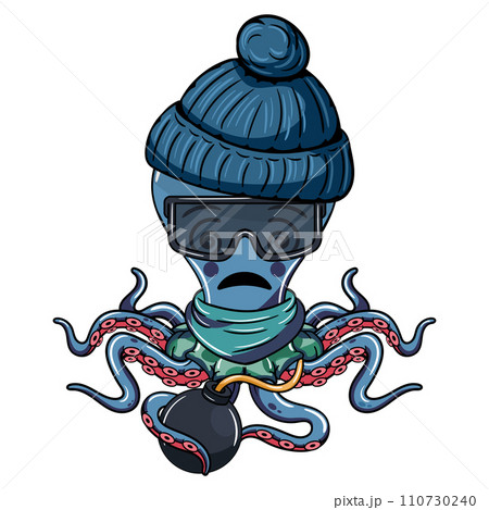 Cartoon character of a disoriented gang member octopus with a bomb in his tentacle. Illustration for fantasy, science fiction and adventure comics 110730240