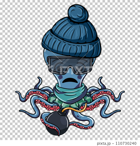 Cartoon character of a disoriented gang member octopus with a bomb in his tentacle. Illustration for fantasy, science fiction and adventure comics 110730240