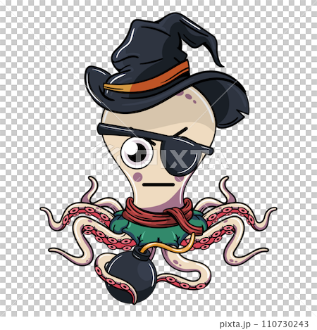 Cartoon witch octopus character with an annoying pirate patch with a bomb in its tentacle. Illustration for fantasy, science fiction and adventure comics Cartoon witch octopus character with an annoying pirate patch with a bomb in its tentacle. Illustration for fantasy, science fiction and adventure comics 110730243