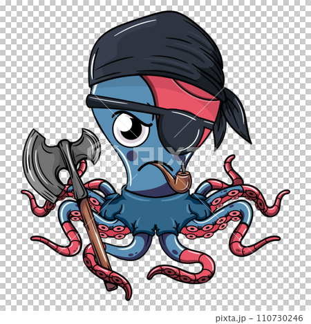Cartoon comics gangster octopus character with pirate patch smoking a pipe with an axe in his tentacle. Illustration for fantasy, science fiction and adventure comics Cartoon comics gangster octopus character with pirate patch smoking a pipe with an axe in his tentacle. Illustration for fantasy, science fiction and adventure comics 110730246