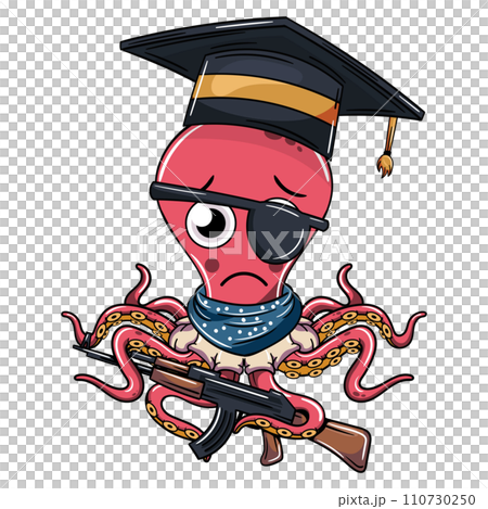 Cartoon sad octopus character with graduation cap and a shotgun in his tentacle. Illustration for fantasy, science fiction and adventure comics Cartoon sad octopus character with graduation cap and a shotgun in his tentacle. Illustration for fantasy, science fiction and adventure comics 110730250