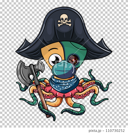 Cartoon cyborg octopus character with pirate hat, face mask and an axe in his tentacle. Illustration for fantasy, science fiction and adventure comics Cartoon cyborg octopus character with pirate hat, face mask and an axe in his tentacle. Illustration for fantasy, science fiction and adventure comics 110730252