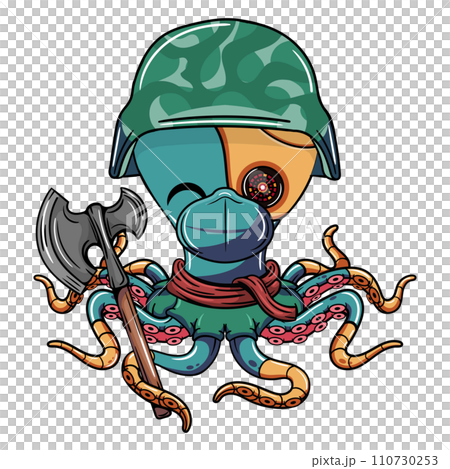 Cartoon military cyborg octopus character with face mask and an axe in his tentacle. Illustration for fantasy, science fiction and adventure comics Cartoon military cyborg octopus character with face mask and an axe in his tentacle. Illustration for fantasy, science fiction and adventure comics 110730253