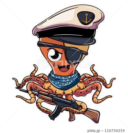 Cartoon sailor cyborg octopus character wearing navy cap with a shotgun. Illustration for fantasy, science fiction and adventure comics Cartoon sailor cyborg octopus character wearing navy cap with a shotgun. Illustration for fantasy, science fiction and adventure comics 110730254