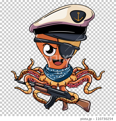 Cartoon sailor cyborg octopus character wearing navy cap with a shotgun. Illustration for fantasy, science fiction and adventure comics Cartoon sailor cyborg octopus character wearing navy cap with a shotgun. Illustration for fantasy, science fiction and adventure comics 110730254
