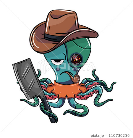Octopus cartoon comic cyborg gangster with cowboy hat, smoking a pipe and a meat knife in his tentacle with an impatient expression. Illustration for fantasy, science fiction and adventure comics Octopus cartoon comic cyborg gangster with cowboy hat, smoking a pipe and a meat knife in his tentacle with an impatient expression. Illustration for fantasy, science fiction and adventure comics 110730256